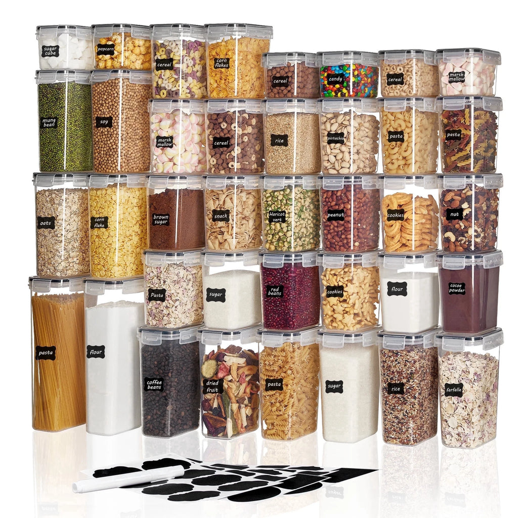 Airtight Food Storage Containers Set, 38Pcs Plastic Kitchen and Pantry Organization Canisters, Black